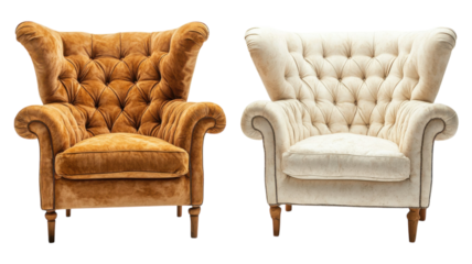 Two elegant tufted armchairs displayed side by side, showcasing contrasting colors and classic design in a modern interior setting.