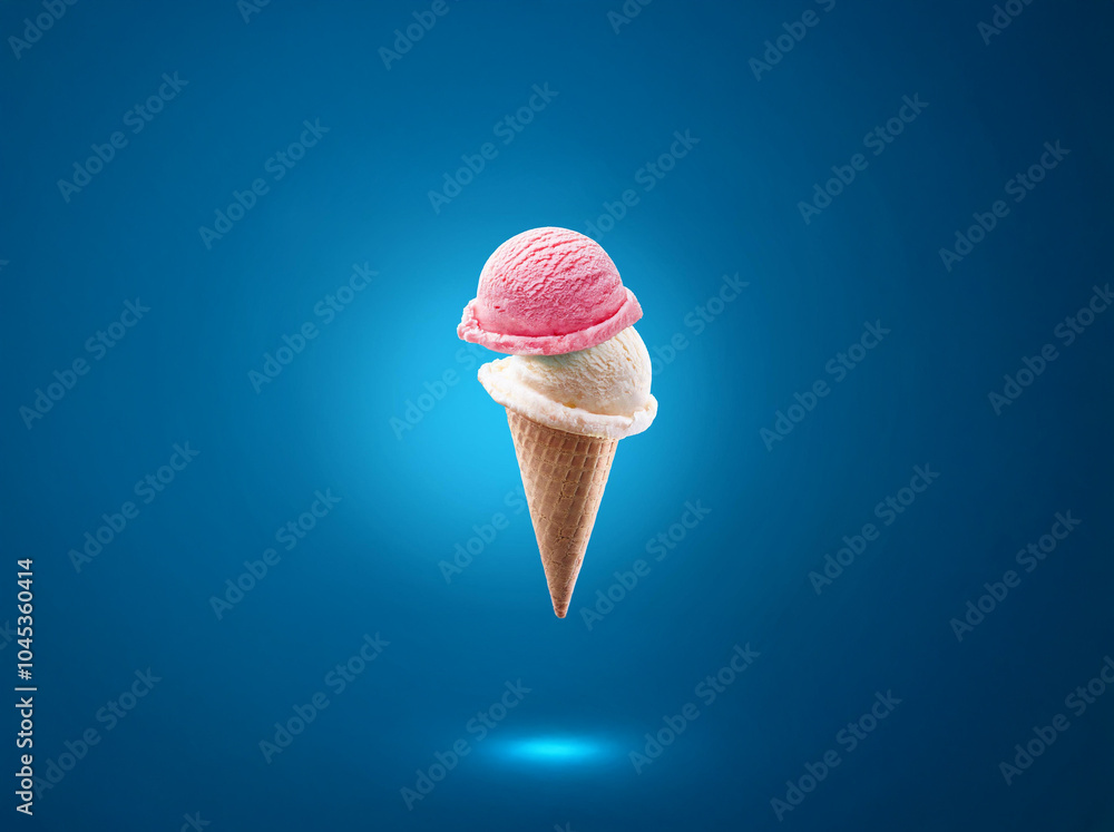 Poster two scoops of ice cream in a waffle cone against a blue background.
