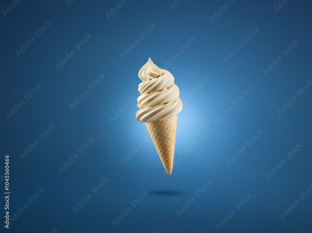 Poster a soft serve ice cream cone with a swirl of creamy vanilla ice cream on top, against a blue backdrop