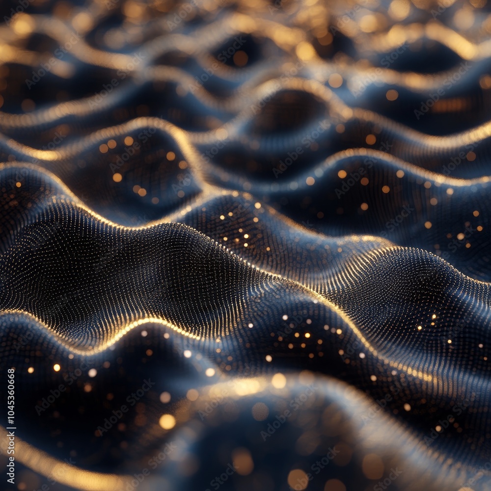 Poster Abstract Dynamic Wavy Surface, Technological Background With Gold Particles, 3D Render.
