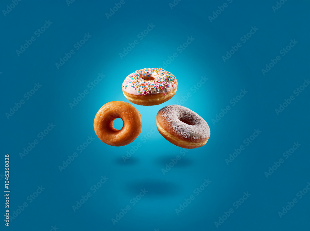 Poster Three donuts with different toppings, floating against a blue background.