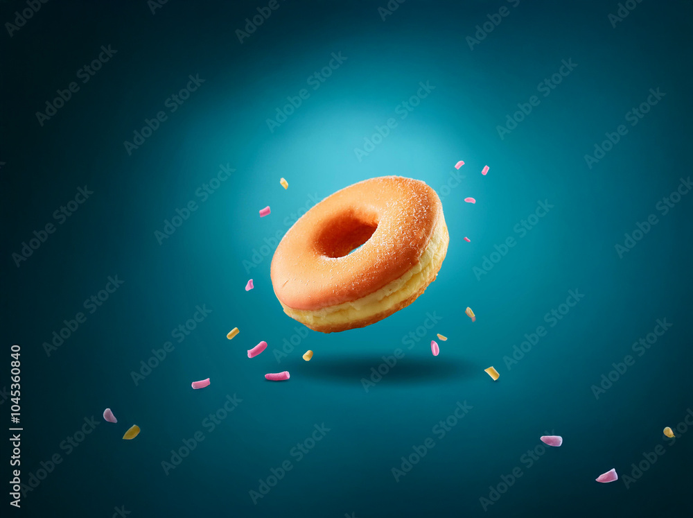 Poster a single glazed donut with sprinkles floating in the air against a bright blue background.