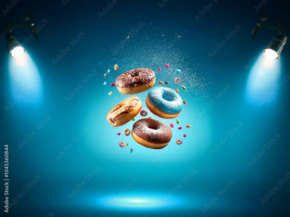 Poster four donuts are flying in the air with colorful sprinkles and powdered sugar falling around them aga