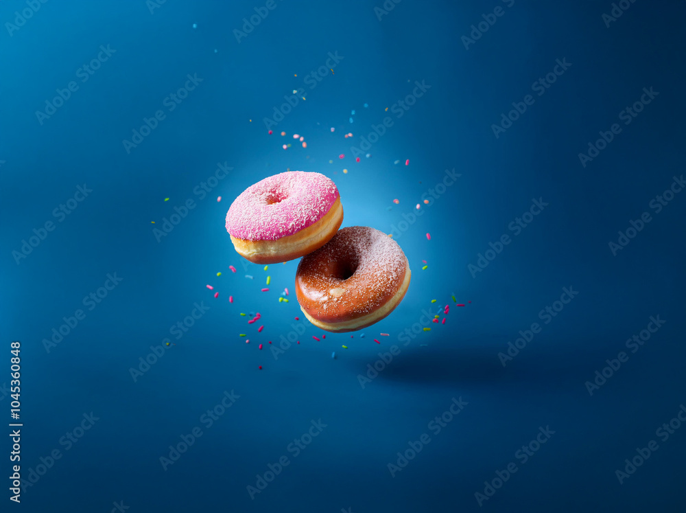 Poster Two donuts with colorful sprinkles falling around them against a blue background.