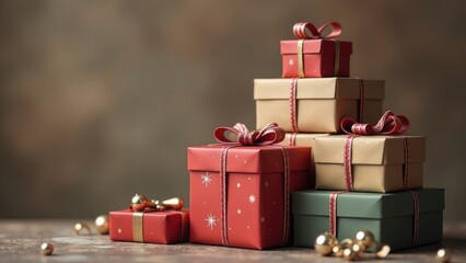 A beautifully arranged stack of festive gift boxes in red, green, and gold, perfect for the holiday...