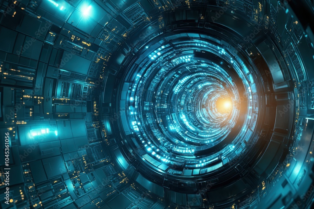 Poster Exploring a futuristic tunnel with glowing lights and intricate technological details