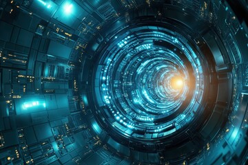 Obraz premium Exploring a futuristic tunnel with glowing lights and intricate technological details