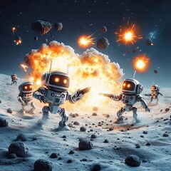 Robots fighting off alien invaders on the surface of a distant moon, explosions lighting up the sky