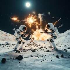 Robots fighting off alien invaders on the surface of a distant moon, explosions lighting up the sky