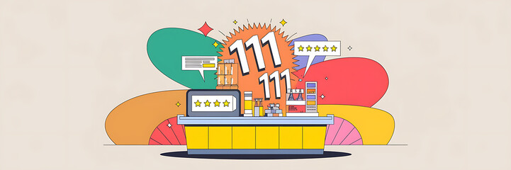 Fototapeta premium Yellow counter with products and five star ratings celebrating success and positive reviews 