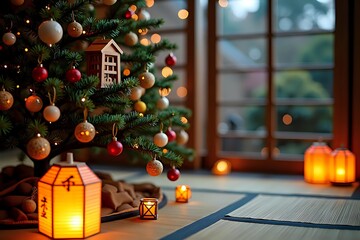 Japanese Christmas tree with traditional wooden ornaments, surrounded by soft glowing lanterns and tatami mats, warm lighting creating a cozy atmosphere with copy space on the right
