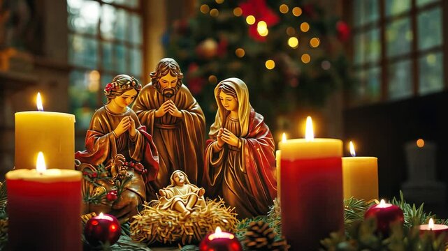 Setting up a nativity scene on a mantle or tabletop, with candles and holiday decorations surrounding it. . Video
