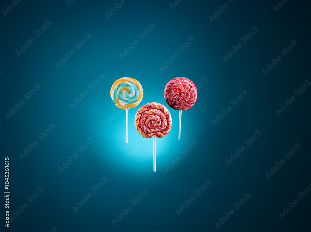 Poster three colorful swirl lollipops on sticks are floating against a teal background.