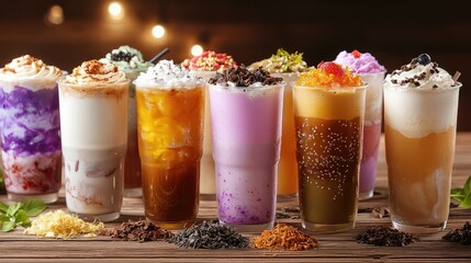 Colorful Assortment of Milk Tea Drinks Displayed