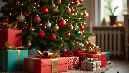 Decorated Christmas tree holds a colorful assortment of gifts and ornaments for festive family gatherings and holiday celebrations.