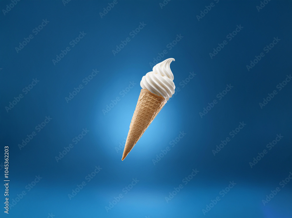 Poster A single soft serve ice cream cone with a white swirl on a blue background.