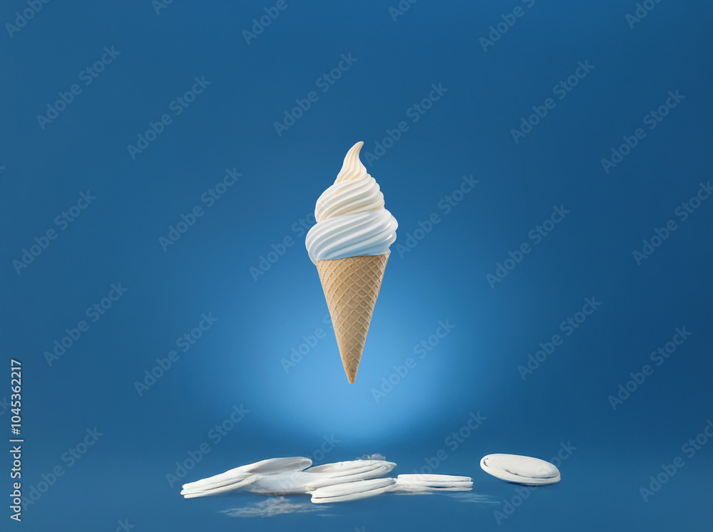 Poster a soft serve ice cream cone on a blue background.