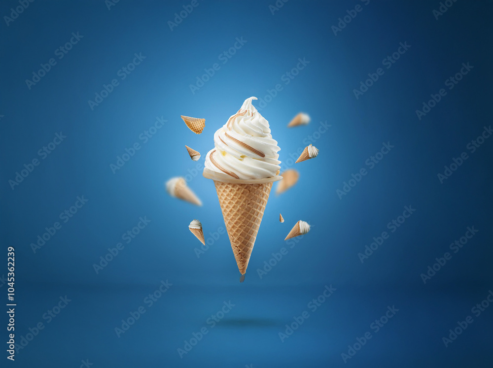 Poster ice cream cone with soft serve and chocolate swirls, surrounded by other cones, floating in the air 