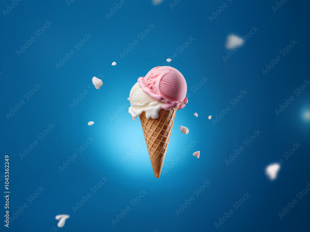 Poster a single ice cream cone filled with two scoops, one white and one pink, is floating against a blue b