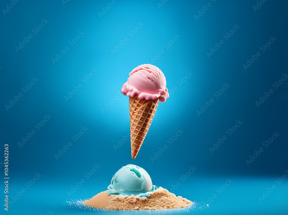 Poster a pink ice cream cone with a waffle cone is floating against a blue background.