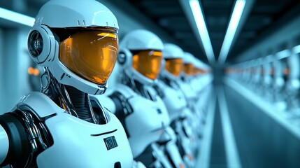 Robots patrolling a futuristic space station, scanning for alien invaders