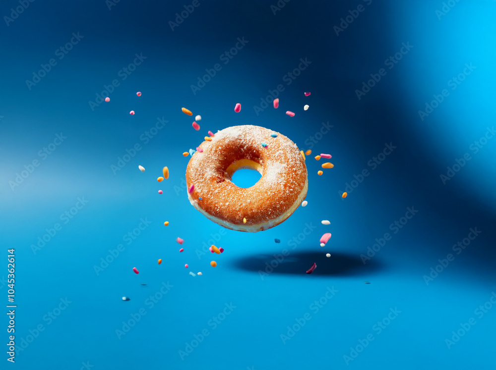 Poster a frosted donut with sprinkles falling around it against a blue background.