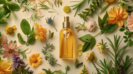 Hair oil bottle surrounded by fresh herbs and botanical extracts, symbolizing the purity and richness of the product