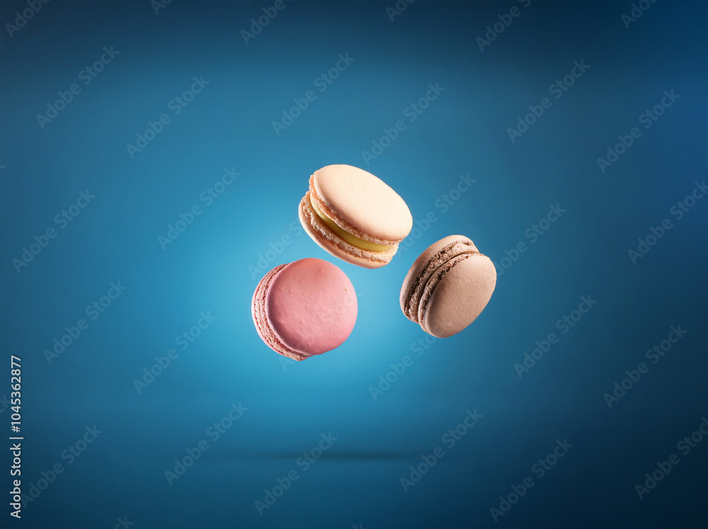 Poster three colorful macarons floating against a blue background.