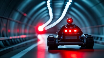 Sleek combat robot navigating a dark underground tunnel, red emergency lights flickering