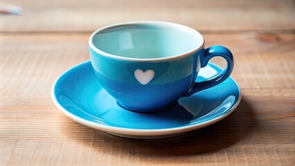 Obraz premium Close-up blue cup with white heart on it and little blue hearts around saucer layered paper