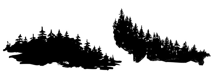 Vector forest silhouette art, Nature trees panorama vector illustration, Fir trees silhouettes set, black evergreen woods vector illustration, Black pine woods © Yevheniia Poli