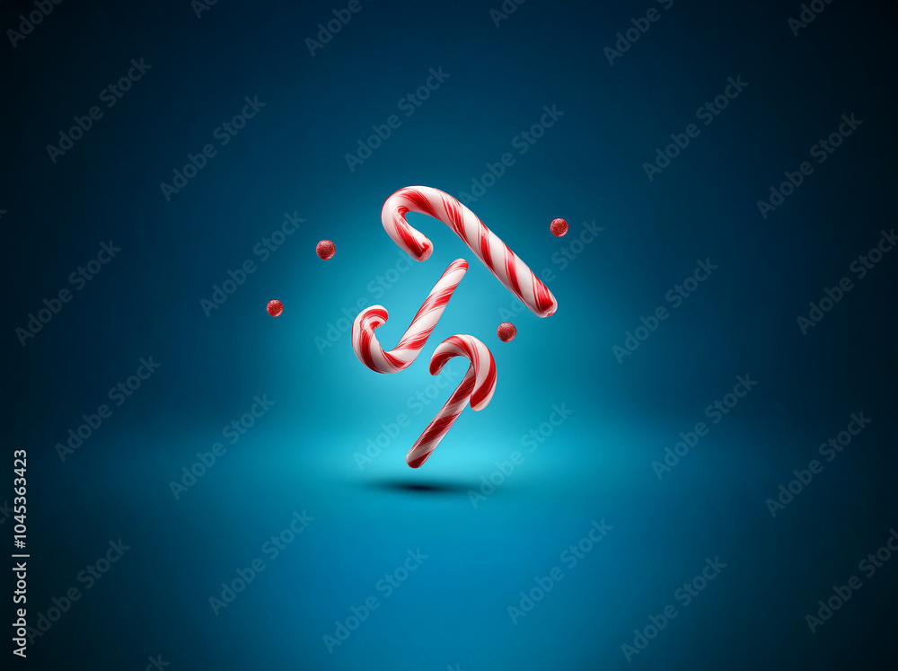Poster Three candy canes and red balls are floating on a blue background.