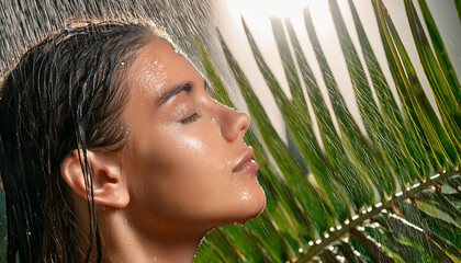 Junge Frau unter einer Regendusche