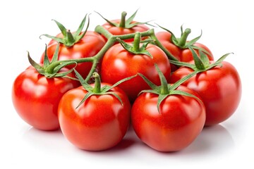 Close-Up Bunch of fresh red tomatoes with green stems isolated on white background
