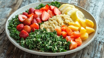 A colorful vegan plate with quinoa, kale, and fresh strawberries, accompanied by a lemon tahini dressing on a rustic table.