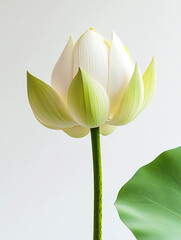A large lotus bud is blooming against a gloomy white background.
