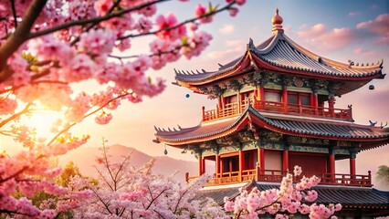 Fototapeta premium Close-up Chinese building surrounded by cherry blossom trees
