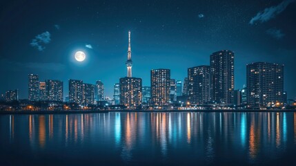 Fototapeta premium A sleek, modern cityscape at night, with architectural highlights glowing in the skyline under the moonlit sky.