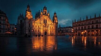 Fototapeta premium Beautifully illuminated gothic-style building at night, casting soft reflections onto the nearby plaza.