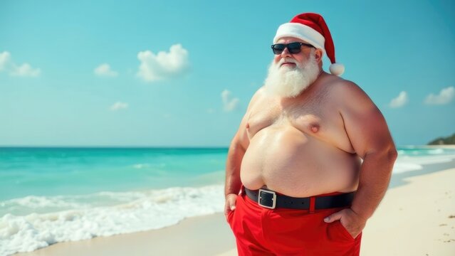 Body positive overweight santa claus relaxing on the beach in red swim trunks and Christmas hat. Concept of festive mood and Christmas atmosphere