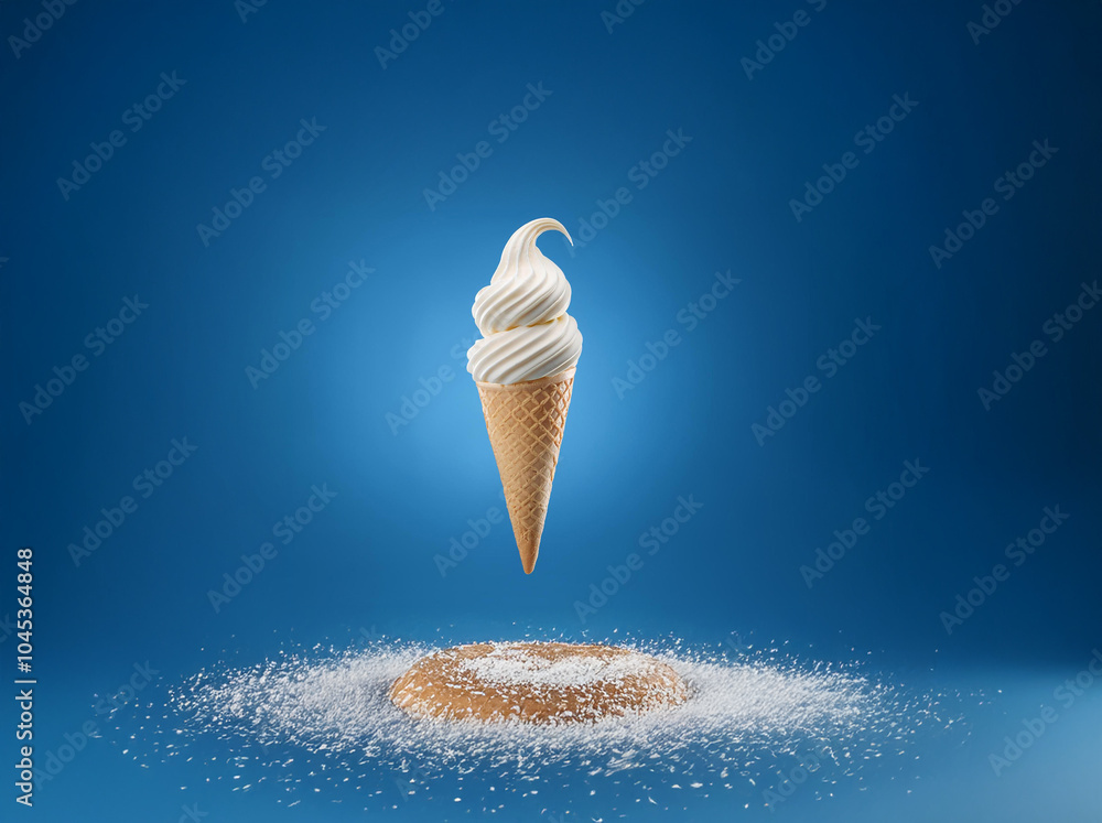Aufkleber a single scoop of soft serve ice cream is perched on a waffle cone against a blue background.