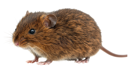 A close-up view of a small, brown field mouse exploring its surroundings in a natural habitat during daylight hours.