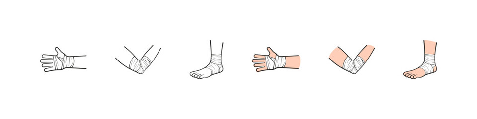 Bandaged body icons. Hand, elbow, and foot wrapped in bandages icon set.