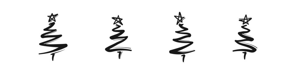 Christmas trees hand drawn set. Sketch style pine tree with wavy and simple lines. Christmas scribble decoration.