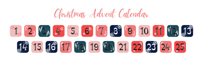 Christmas Advent Calendar vector numbers collection. Christmas ornament buttons set.