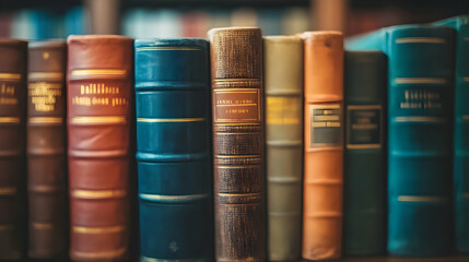 Naklejka premium Library bookshelf with colorful hardcover and vintage leather-bound books