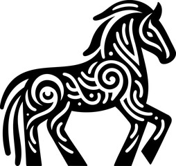 Fototapeta premium A striking tribal horse head in black silhouette with a simple outline. The symbolic design reflects strength and wildness. Great for abstract illustrations