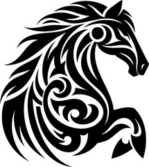 Obraz premium A powerful black silhouette of a tribal horse head, outlined to emphasize its symbolic meaning. Perfect for designs rooted in nature and cultural heritage.