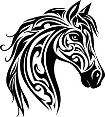 Obraz premium A symbolic horse head in tribal style, shown as a black silhouette with an outline. This striking design is ideal for ethnic and animal-inspired illustrations.