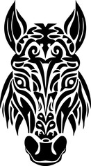 Fototapeta premium Black silhouette of a horse head with a tribal design and clear outline. Symbolic of wildness and strength, it fits well with cultural and nature illustrations.